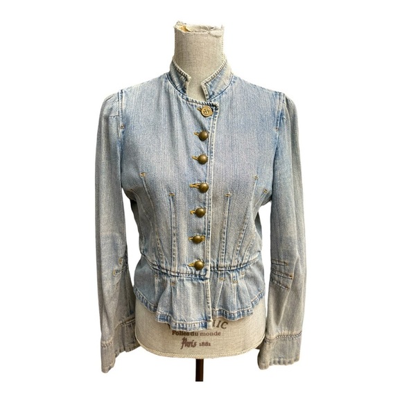 Boston Proper Denim Jean Jacket. Size 8. Brass button detail. Cropped. Gathered - Picture 1 of 13